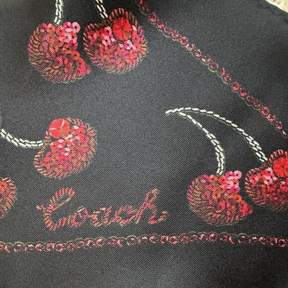 COACH CHERRIES PRINT SILK DIAMOND SCARF:NWT CDL13 BLACK/RED - Picture 6 of 8